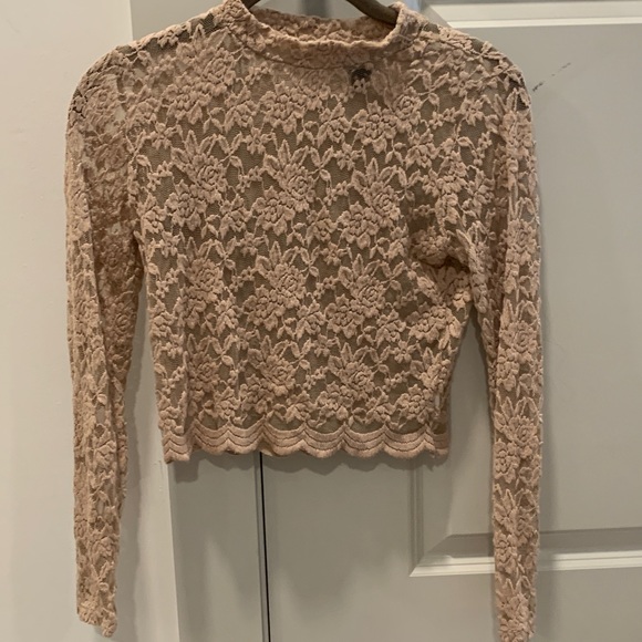 Ambiance Tops - AMBIANCE - long sleeve tan/nude lace crop top, size S, in perfect condition